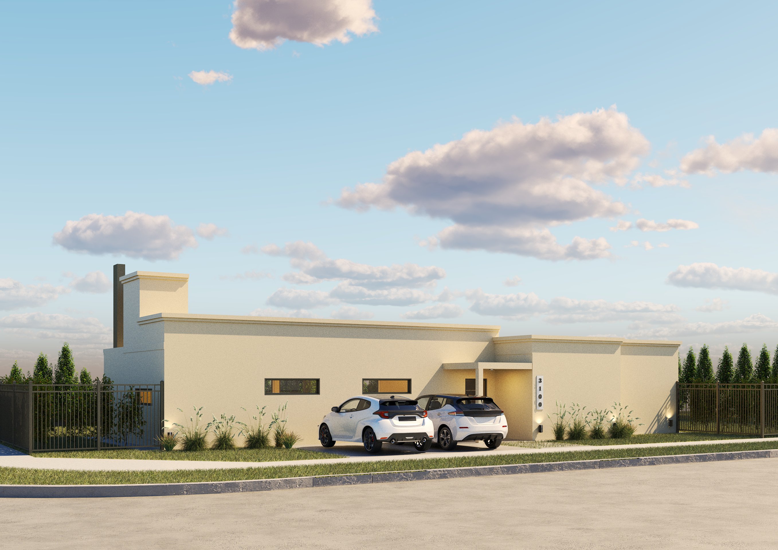 Fachada contemporánea con integración de vegetación y materiales nobles