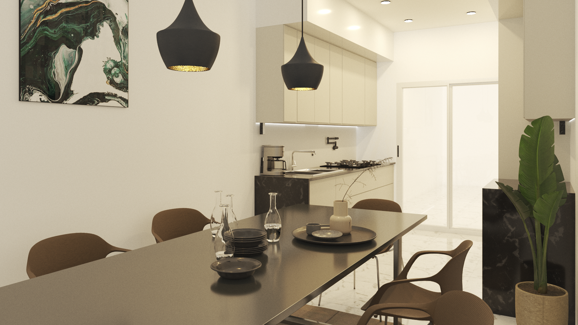 Diseño de cocina moderna con mobiliario gris y barra de porcelanato negro